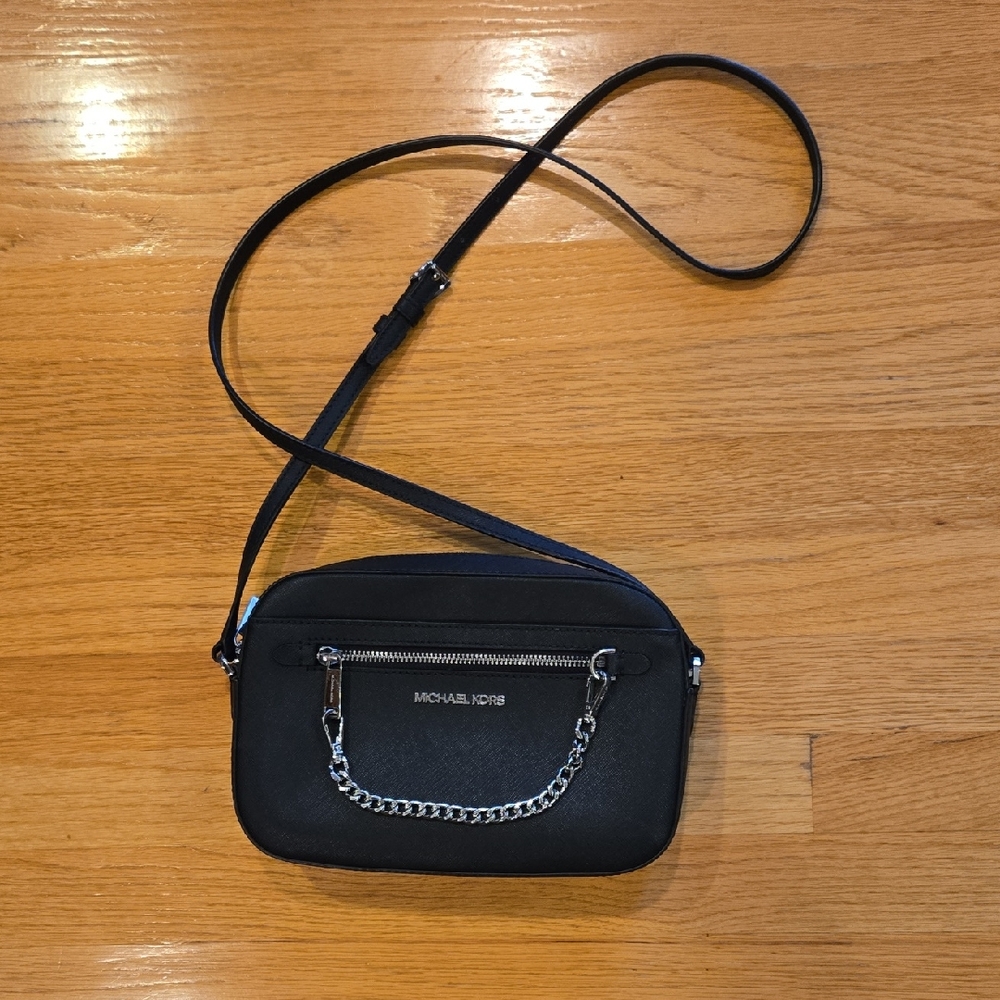 Michael Kors Black Grossgrain Silver Chain Crossbody Purse